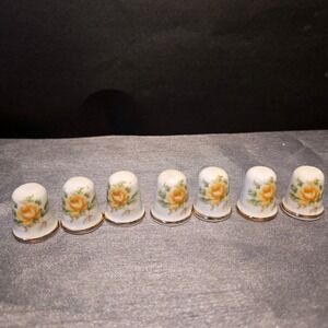 7 Vtg Porcelain Thimbles Yellow Rose Floral Gold Rim Made in Japan Collectible